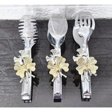 Atabey Home Gümüş Servis Maşa Seti 3'lü Gold Kelebek Makarna/pasta/yemek/sunum Maşası