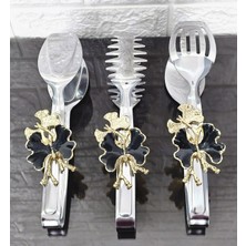 Atabey Home Gümüş Servis Maşa Seti 3'lü Siyah Kelebek Makarna/pasta/yemek/sunum Maşası