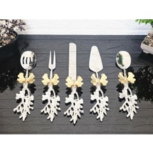 Atabey Home 5 Parça Kelebek Detaylı Gümüş Servis Seti & Pasta Servisi & Spatula,kevgir,bıçak,çatal