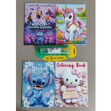 Ada Çanta Kırtasiye 4 Adet Stickerli Boyama Kitabı ve 12 Li Adel Tüp Kuruboya KALEMI(KPOP/UNICORN/STITCH/HELLOKITTY)AB09