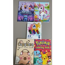 Ada Çanta Kırtasiye 4 Adet Stickerli Boyama Kitabı ve 24'lü Adel Kuru Boya Kalemi (Kpop/unicorn/capybara/pocemon)