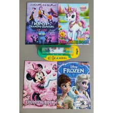 Ada Çanta Kırtasiye 4 Adet Stickerli Boyama Kitabı ve 12 Li Adel Tüp Kuruboya KALEMI(KPOP/UNICORN/FROZEN/MINNIE)AB01