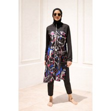 Marina Tesettür Mayo Tam Kapalı Siyah Desenli Paraşüt Likralı 3’lü Set M2266