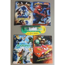 Ada Çanta Kırtasiye 4 Adet Stickerli Boyama Kitabı ve 12 Li Adel Tüp Kuruboya Kalemi(Sonic3/örümcek Ad./zootopia/araba)