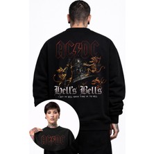 Fuddy Moda Unisex Ac-Dc Hells Bells Sırt Baskılı Kapüşonsuz Sweatshirt, Oversize Rock Band Baskılı Sweatshirt