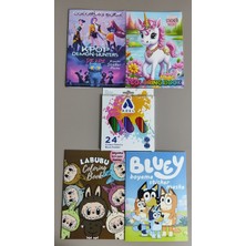 Ada Çanta Kırtasiye 4 Adet Stickerli Boyama Kitabı ve 24'lü Adel Kuru Boya Kalemi (Kpop/unicorn/bluey/labubu)