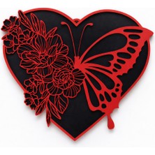 Lotus Kelebek ve Çiçek Detaylı Kalp Formlu Katmanlı Sevgililer Günü  30 cm Ahşap Duvar Dekoru