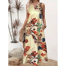 Drgy Kadın Askılı Yuvarlak Yaka Cepli Desenli Süprem Elbise