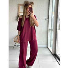 Drgy Kadın Tek Omuzdan Açık Geniş Kesim Viskon Iki Iplik Bluz ve Pantolon Ikili Takım
