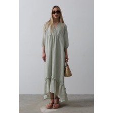 Drgy Çizgili Oversize V Yaka Elbise - Haki