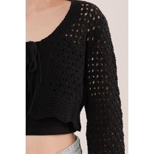 Drgy Ön Bağlamalı Ajurlu Crop Siyah Hırka