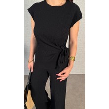 Drgy Kadın Kısa Kollu Bisiklet Yaka Yandan Bağlamalı Bürümcük Bluz ve Pantolon Ikili Takım