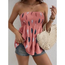 Drgy Kadın Yaprak Desenli Göğsü Gipeli Mosskrep Straplez Bluz