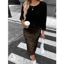 Drgy Kadın Uzun Kollu Bisiklet Yaka Modal Bluz ve Leopar Desenli Etek Ikili Takım