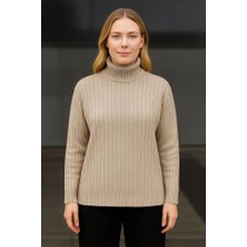 Drgy Balıkcı Yaka Bağazlı Triko Kazak Pamuklu Kalın Fitilli Dokuma - Bej