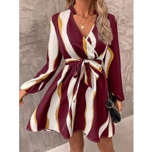 Drgy Kadın Uzun Kollu Kruvaze Yakalı Desenli Modal Mini Elbise