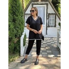 Drgy Kadın Kısa Kollu V Yakalı Iki Iplik Bluz ve Pantolon Ikili Takım
