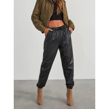 Drgy Kadın Yüksek Bel Lastikli Önü Düğmeli Deri Pantolon