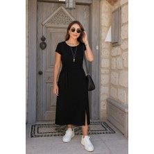 Drgy Kadın Kısa Kollu Yuvarlak Yaka Belden Bağcıklı Önden Yırtmaçlı Aerobin Elbise