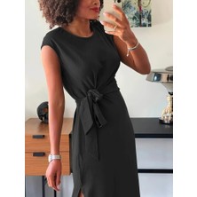 Drgy Kadın Kısa Kollu Yuvarlak Yaka Belden Bağcıklı Önden Yırtmaçlı Aerobin Elbise