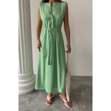 Drgy Keten Elbise Kolsuz Bel Bağlamalı Maxi Elbise - Yeşil