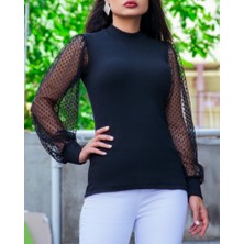 Drgy Kadın Siyah Kolu Tül Detaylı Yarım Balıkçı Kaşkorse Bluz 6160
