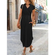 Drgy Kadın Kısa Kollu Hakim V Yaka Viskon Elbise