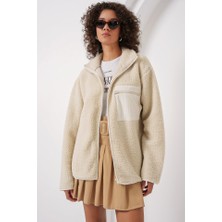 Drgy 55446 Fermuarlı Oversize Peluş Ceket - Krem