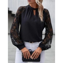 Drgy Kadın Uzun Dantel Kollu Yuvarlak Yakalı Sandy Bluz