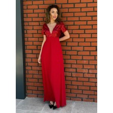 Drgy Kadın Kısa Kollu Derin V Yakalı A Kesim Pulpayet Detaylı Şifon Nedime Elbisesi