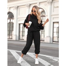 Drgy Kadın Uzun Kollu Kapşonlu Viskon Iki Iplik Bluz ve Pantolon Ikili Takım