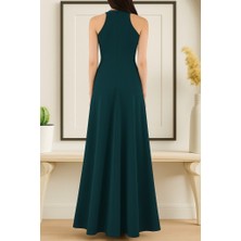 Drgy Kadın Kolsuz Halter Yaka Derin Yırtmaç Detaylı Tam Boy Ithal Krep Elbise