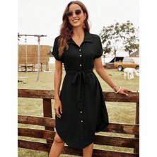 Drgy Kadın Kısa Kollu Yakalı Önden Düğmeli Beli Kuşaklı Bürümcük Elbise