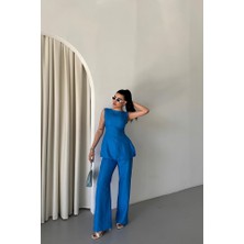 Drgy Jakar Keten Kolsuz Bluz-Pantolon Tk - Mavi