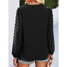 Drgy Kadın Uzun Kollu V Yakalı Kolları Popon Detaylı Sandy Bluz