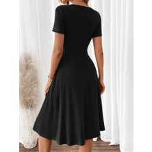 Drgy Kadın Kısa Kollu V Yakalı Önden Düğmeli A Kesim Dokuma Elbise