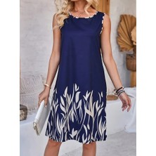 Drgy Kadın Askılı Yuvarlak Yakalı Yaprak Desenli Dalgıç Elbise