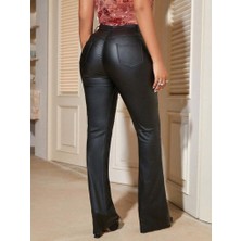 Drgy Kadın Yüksek Bel Önden Düğmeli Deri Pantolon