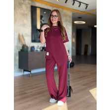 Drgy Kadın Kısa Kollu Bisiklet Yaka Asimetrik Viskon Iki Iplik Bluz ve Pantolon Ikili Takım