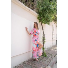 Drgy Fuşya Desenli Yırtmaçlı Elbise