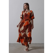 Drgy Desenli Balon Kol Kloş Elbise - Kahve