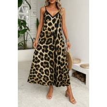 Drgy Kadın Ip Askılı Geniş V Yakalı Leopar Desenli Süprem Elbise