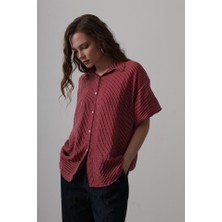 Drgy Yarım Balon Kol Çizgili Gömlek - Bordo