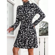 Drgy Kadın Uzun Kollu Balıkçı Yaka Çiçek Baskılı Helen Kumaş Elbise