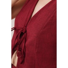 Drgy Ön Bağlama Detaylı Yelek ve Pantolon Bordo Ikili Takım