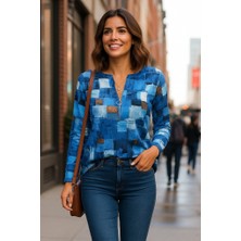 Drgy Kadın Uzun Kollu Yakadan Fermuarlı Kot Görünüm Desenli Uzun Modal Bluz