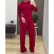 Drgy Kadın Uzun Kollu Yuvarlak Yaka Transparan Detaylı Triko Bluz ve Pantolon Ikili Takım