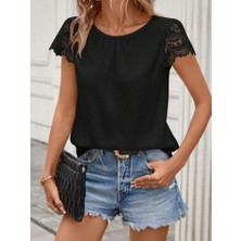 Drgy Kadın Kısa Dantel Kollu Bisiklet Yaka Sandy Bluz