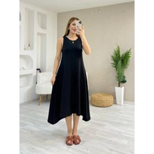 Drgy Kadın Askılı Yuvarlak Yakalı Asimetrik Kesim Detaylı Viskon Elbise