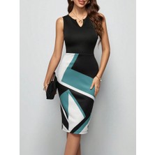 Drgy Kadın Kolsuz V Yakalı Geometrik Desenli Midi Dalgıç Elbise